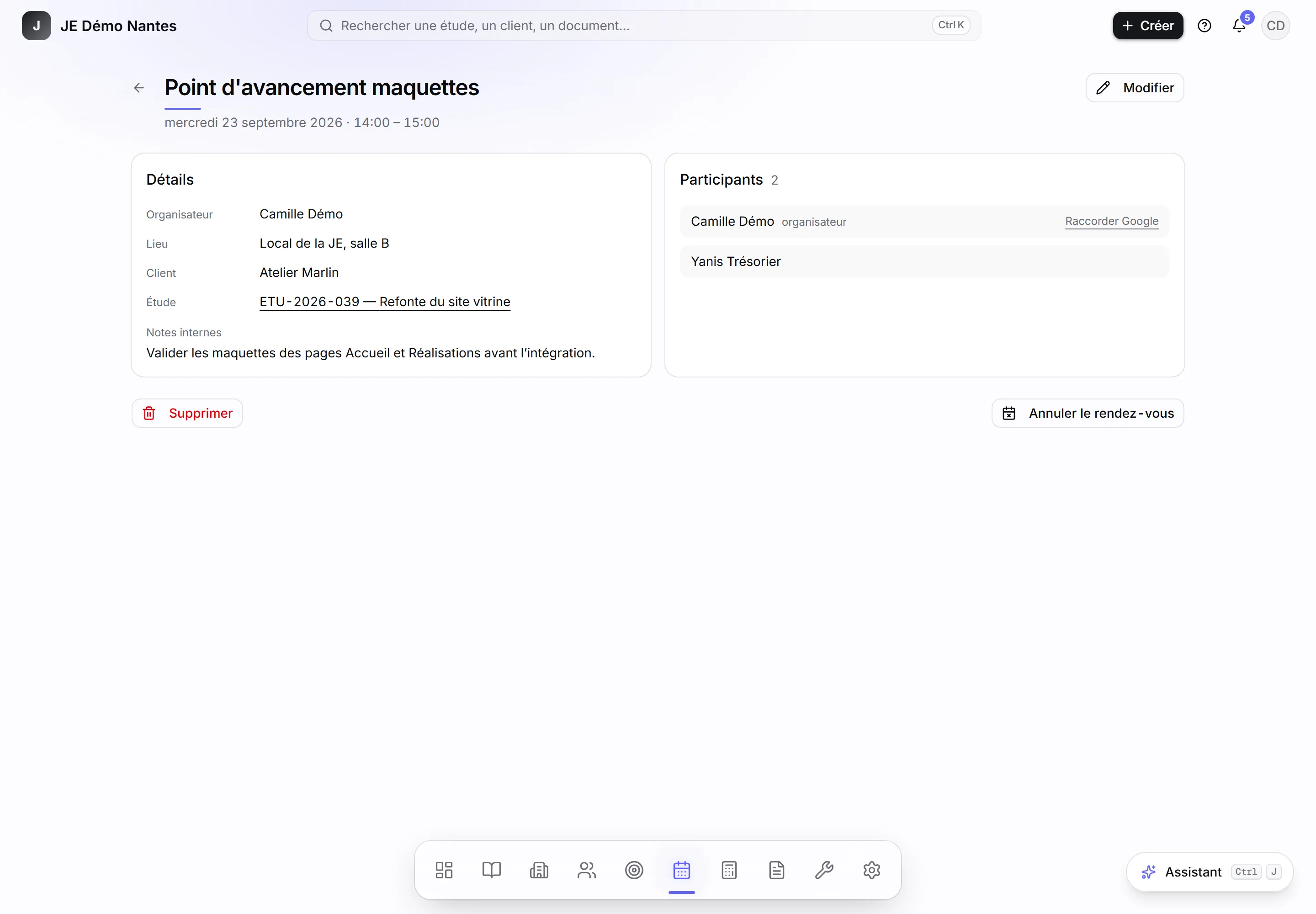 La fiche d’un rendez-vous, vue par son organisateur.