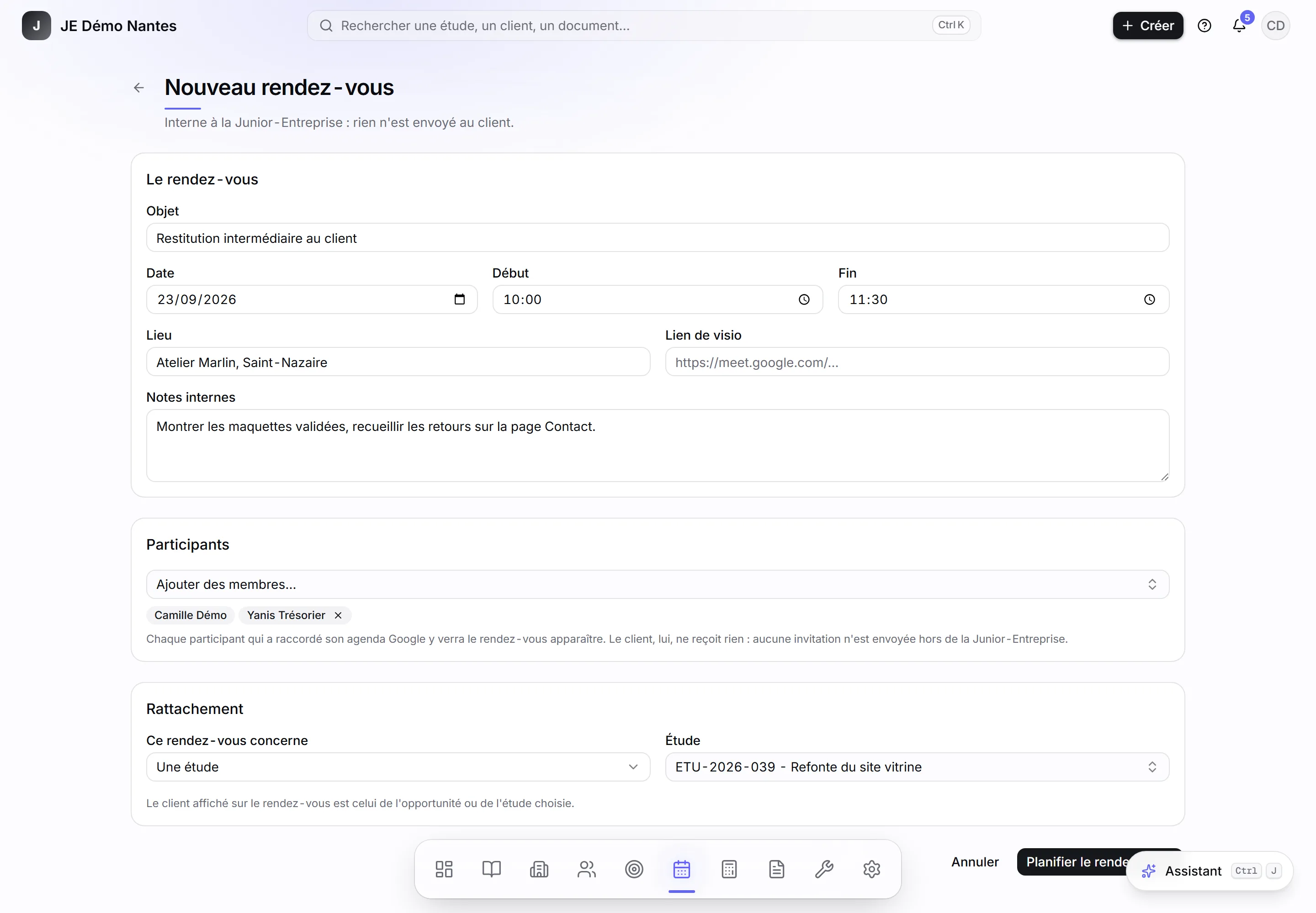 Planifier la restitution intermédiaire de l’étude « Refonte du site vitrine ».