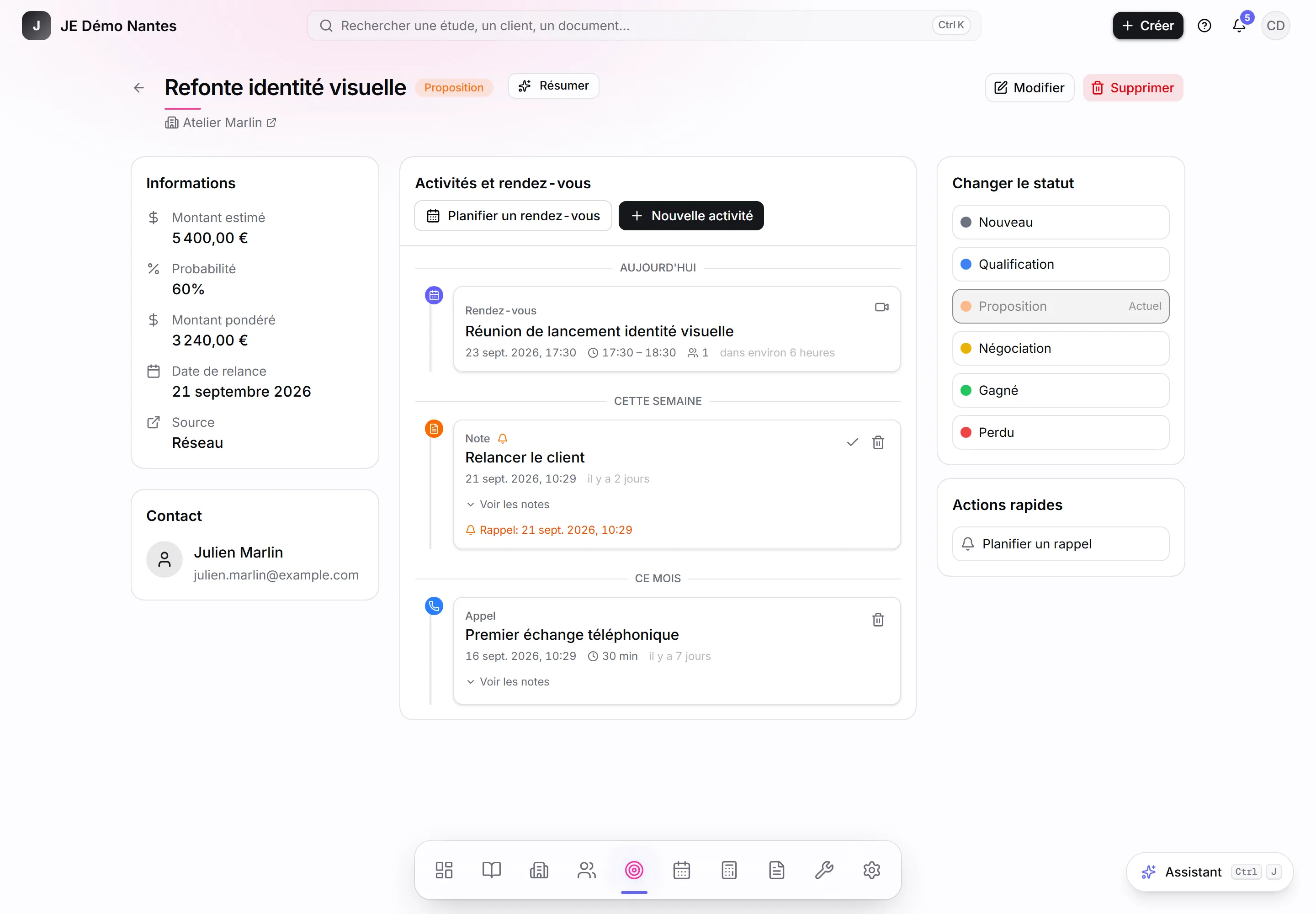 Sur la fiche d’une opportunité, les rendez-vous se mêlent aux activités.