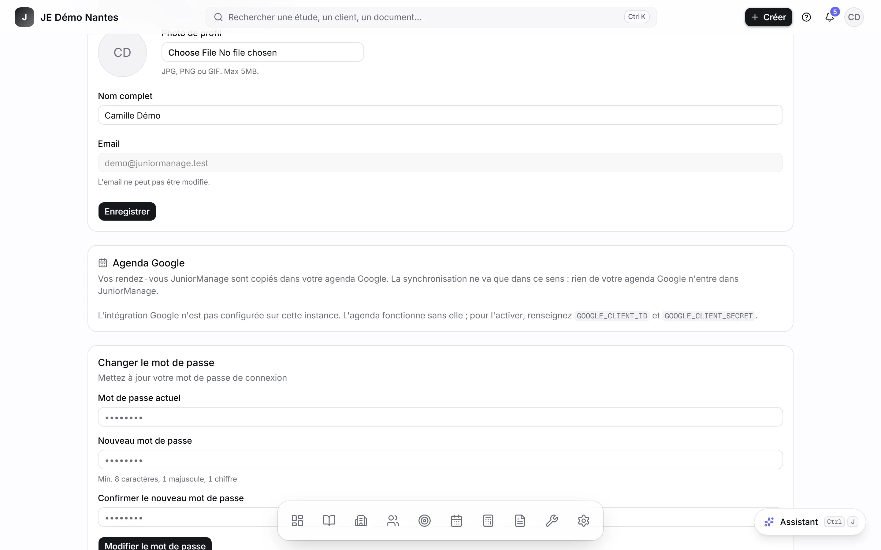 La carte Agenda Google du profil, sur une installation où l’intégration n’est pas encore activée.