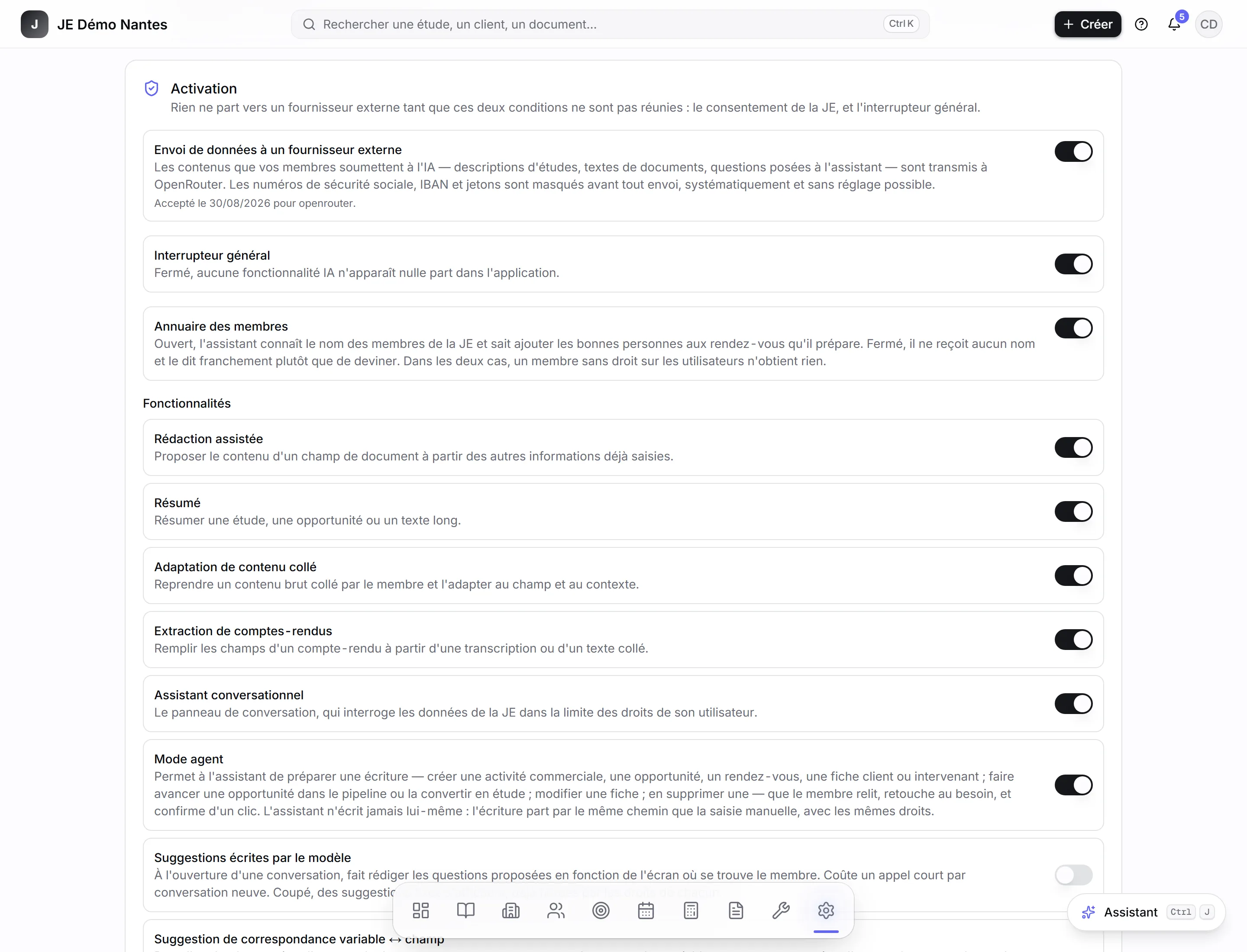 La section « Activation » : accord, interrupteur général, annuaire et fonctionnalités.
