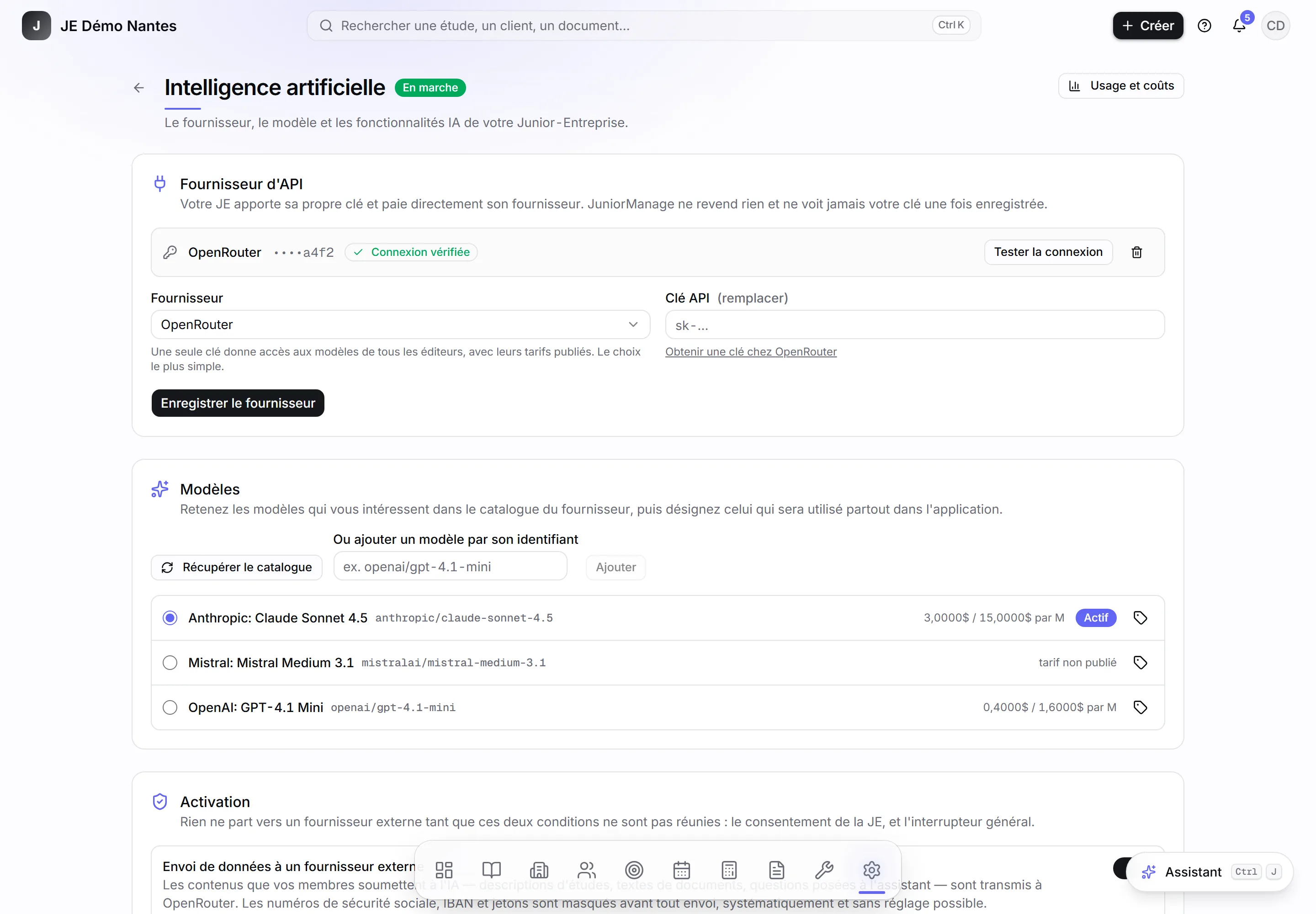 La section « Fournisseur d’API », une fois la clé enregistrée.