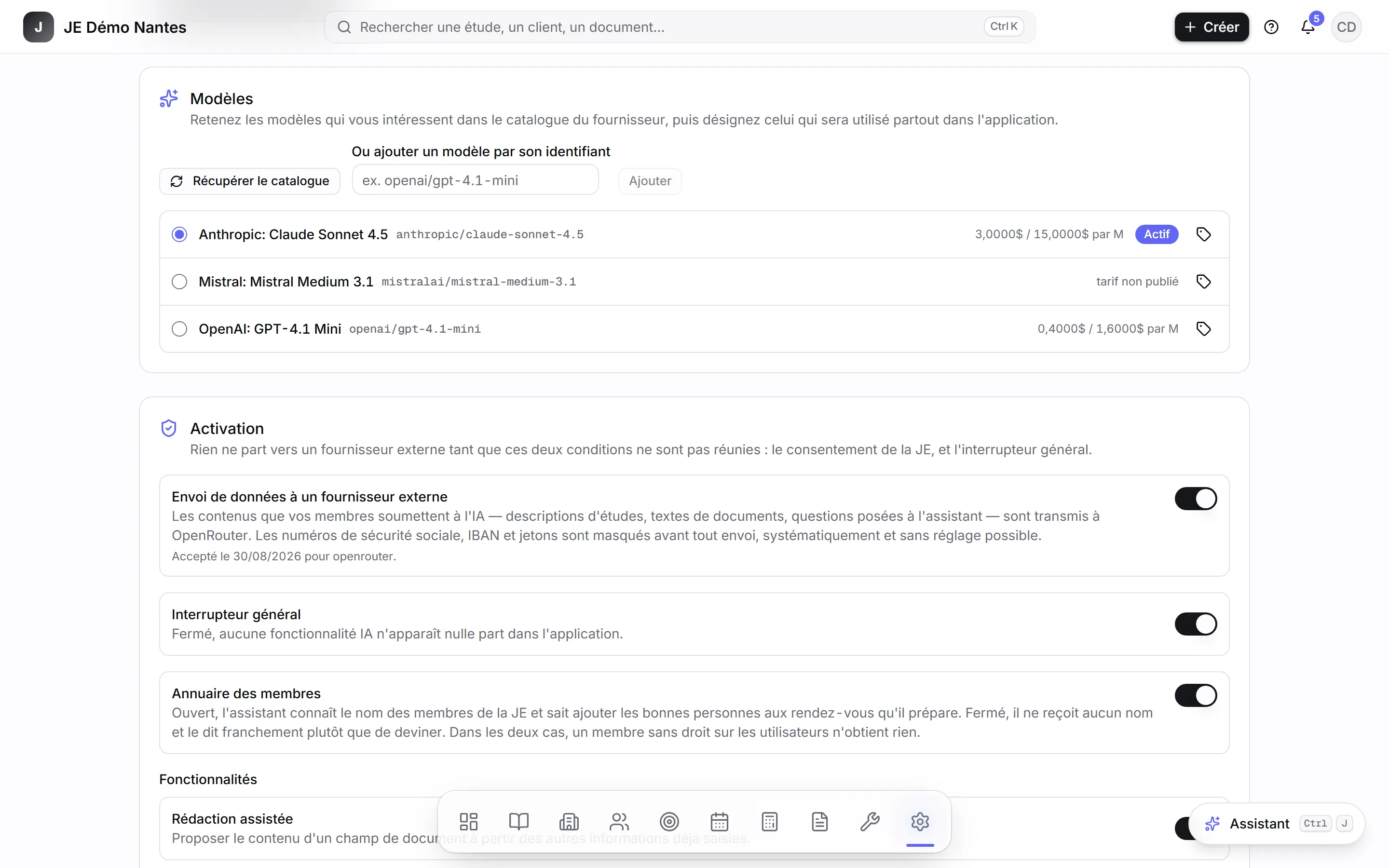 La section « Modèles » : trois modèles retenus, un seul actif.