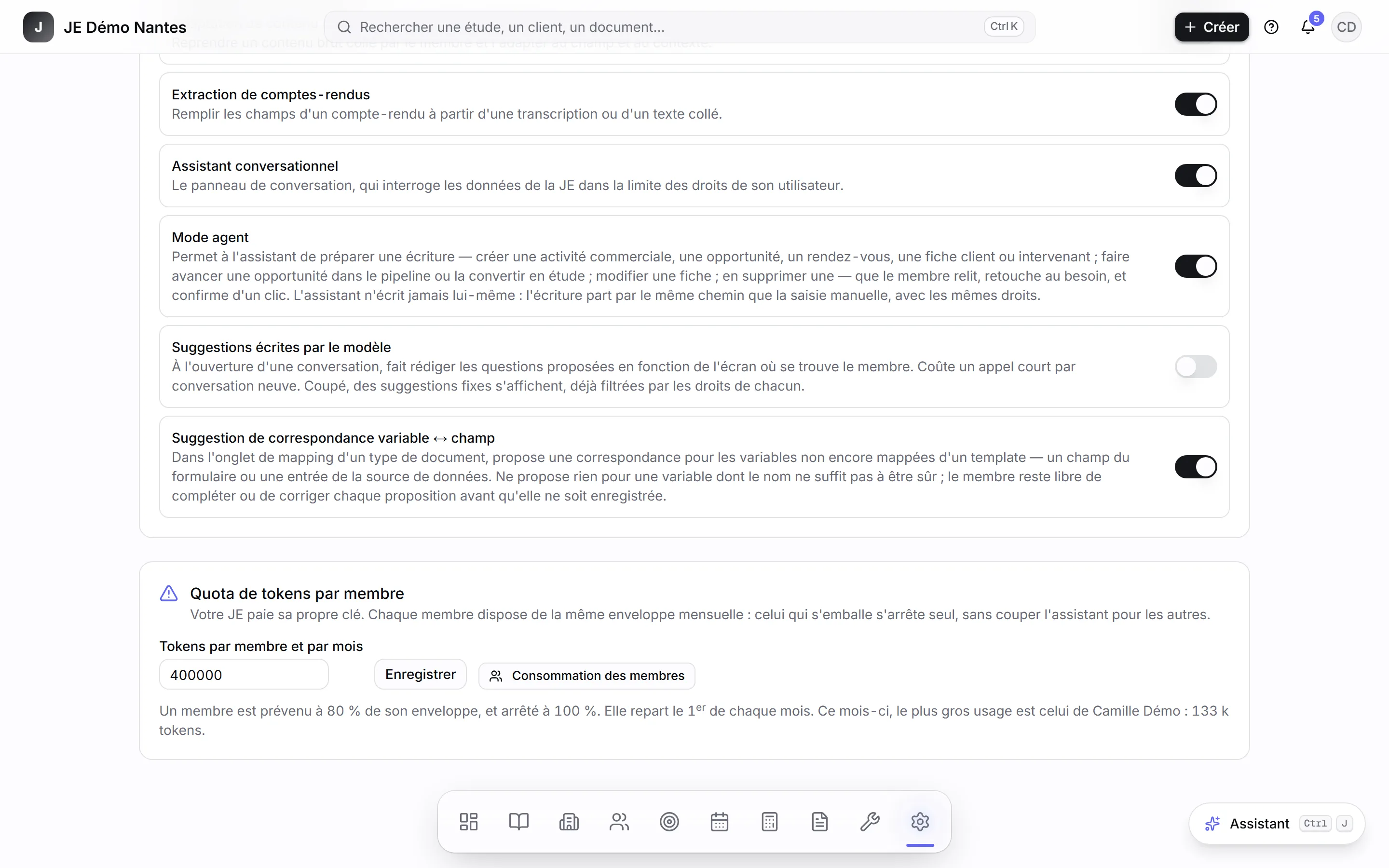La section « Quota de tokens par membre ».