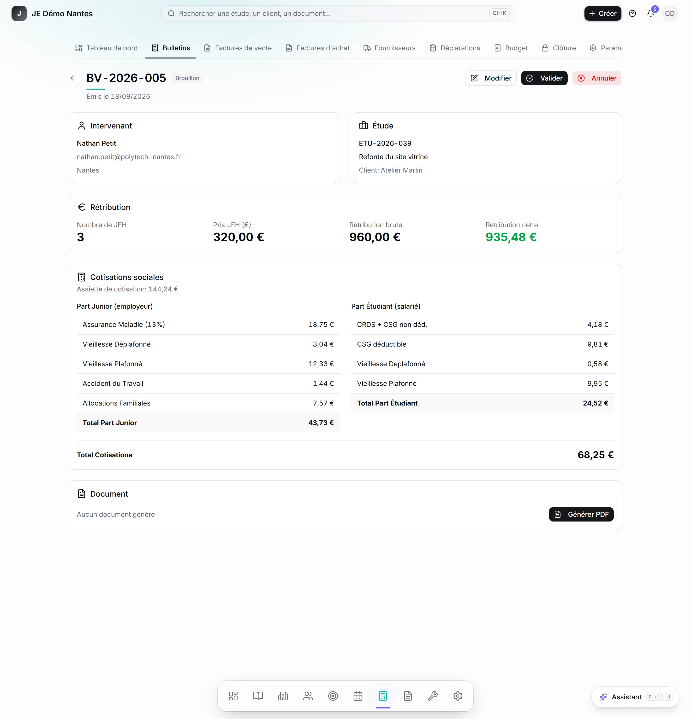 Le bulletin de Nathan Petit pour « Refonte du site vitrine » : 3 JEH à 320 €.