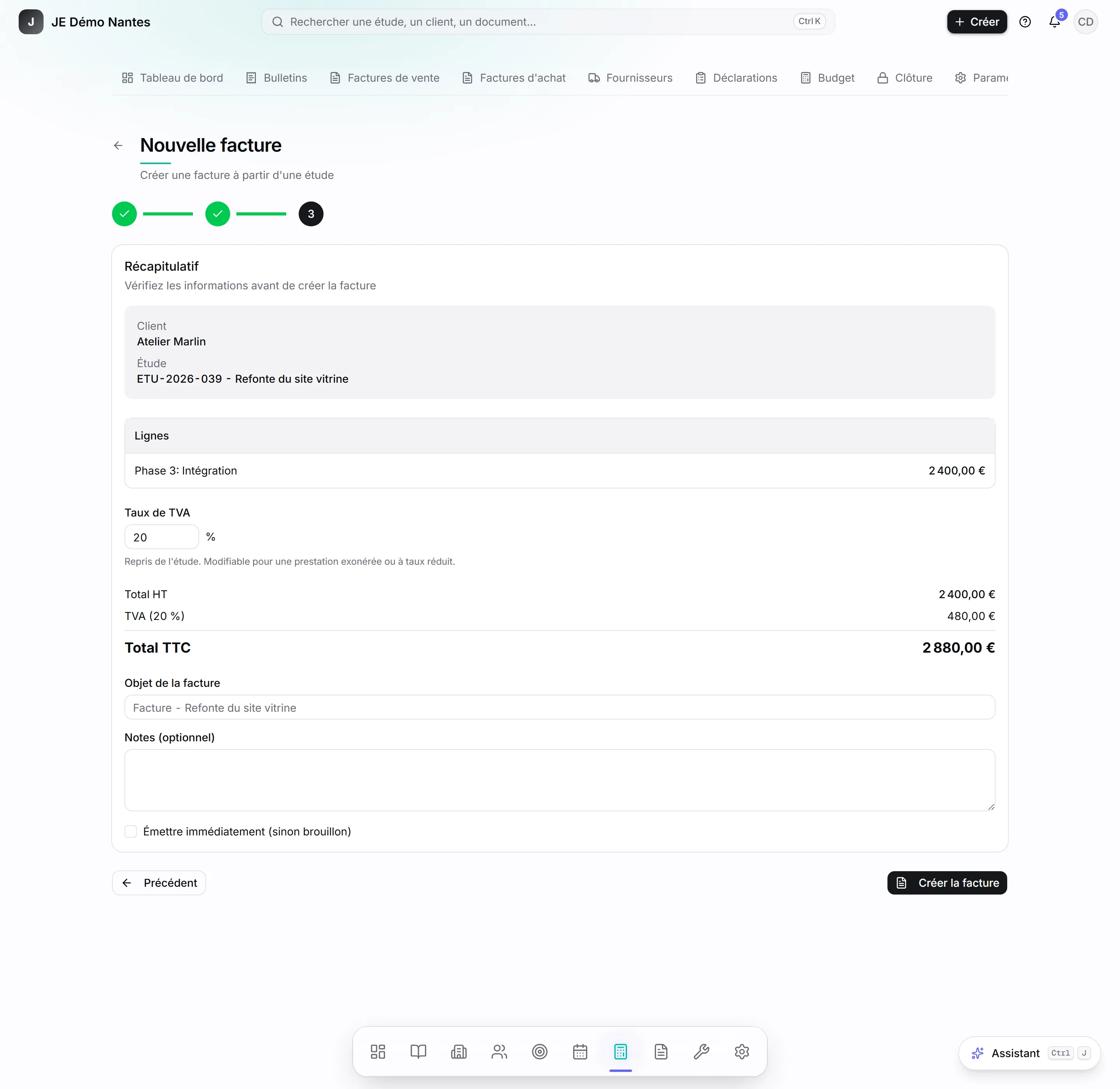 Étape 3 : la phase 3 « Intégration », 6 JEH à 400 €.