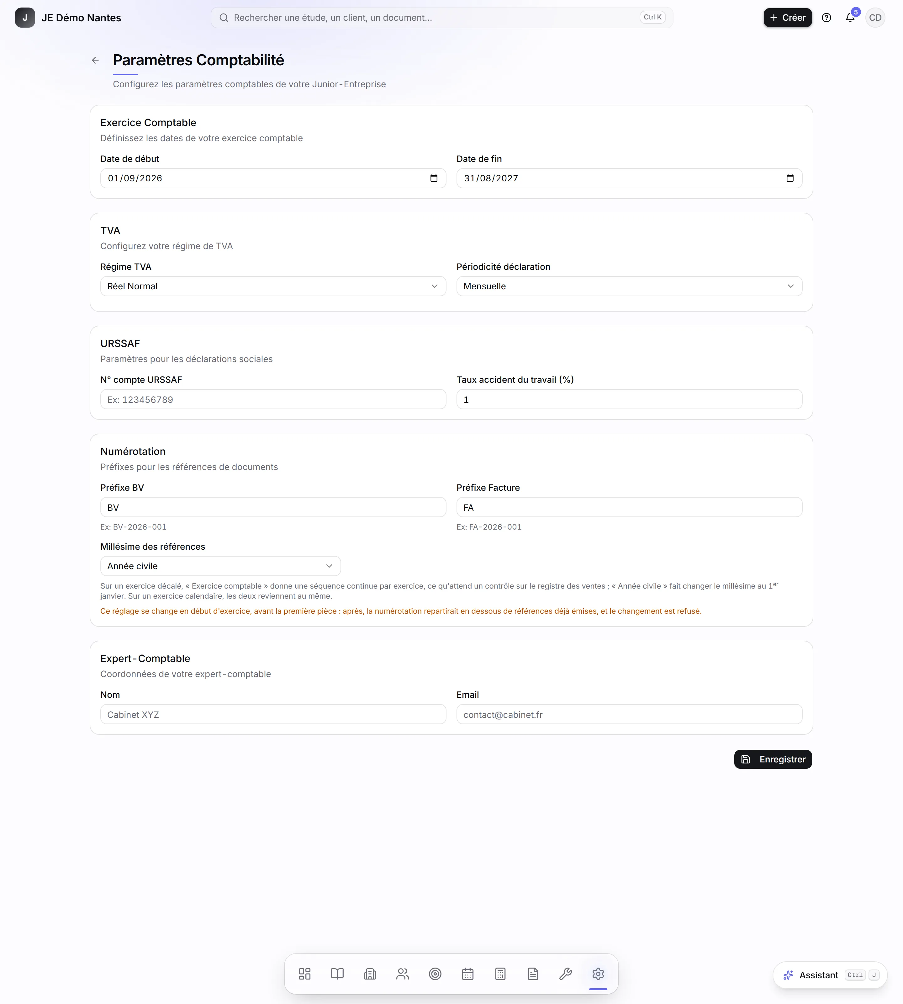 La page Paramètres Comptabilité.