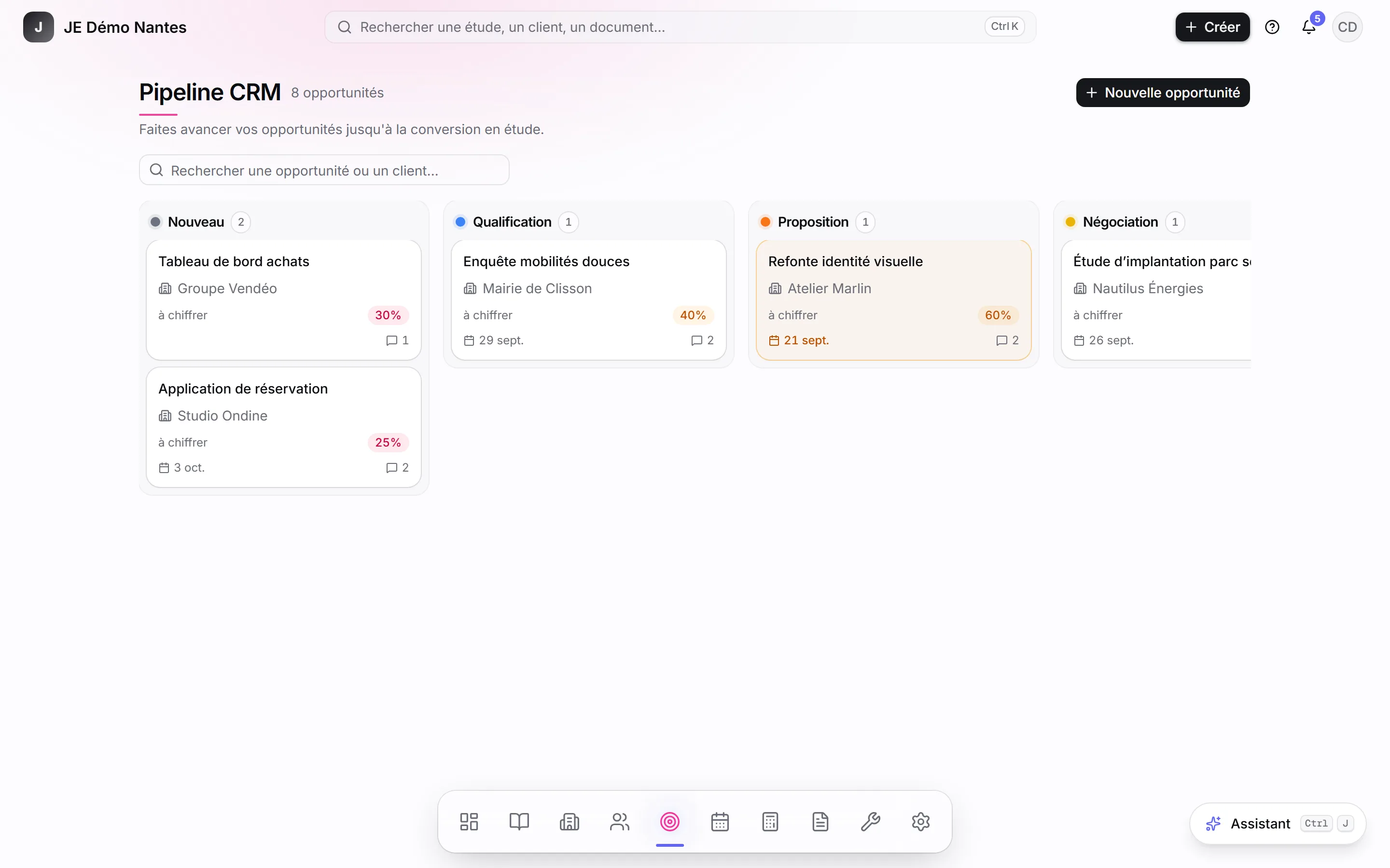 Le pipeline : une colonne par étape, une carte par opportunité.