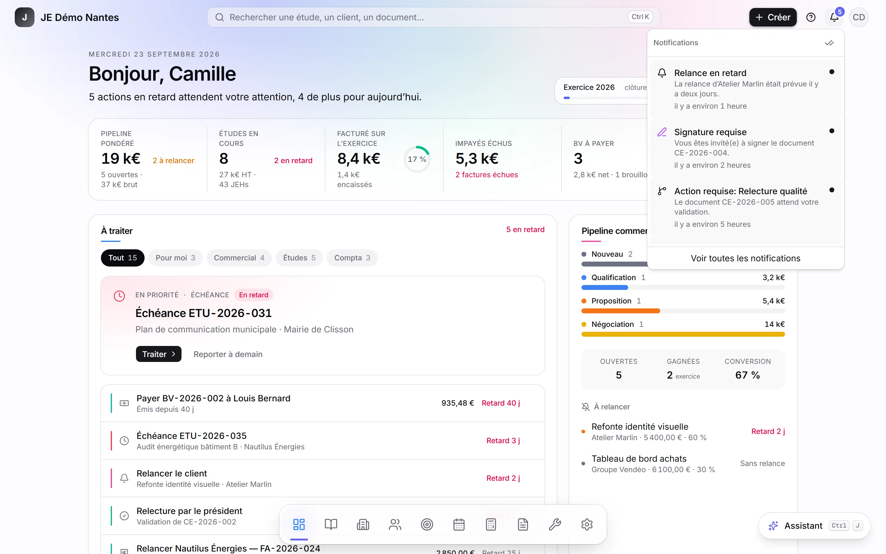 La cloche ouvre les dix dernières notifications.