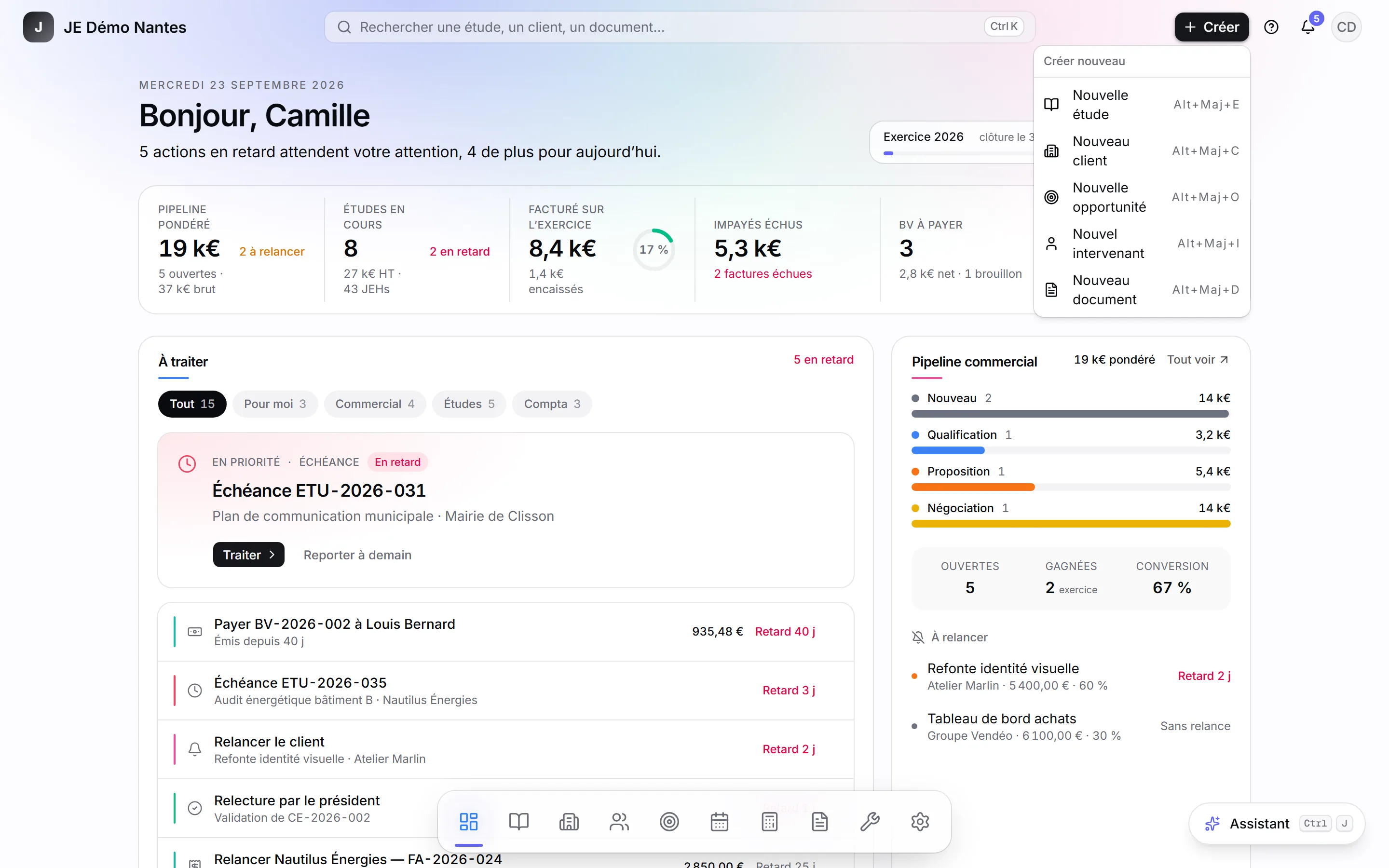 Le menu du bouton Créer et ses raccourcis.