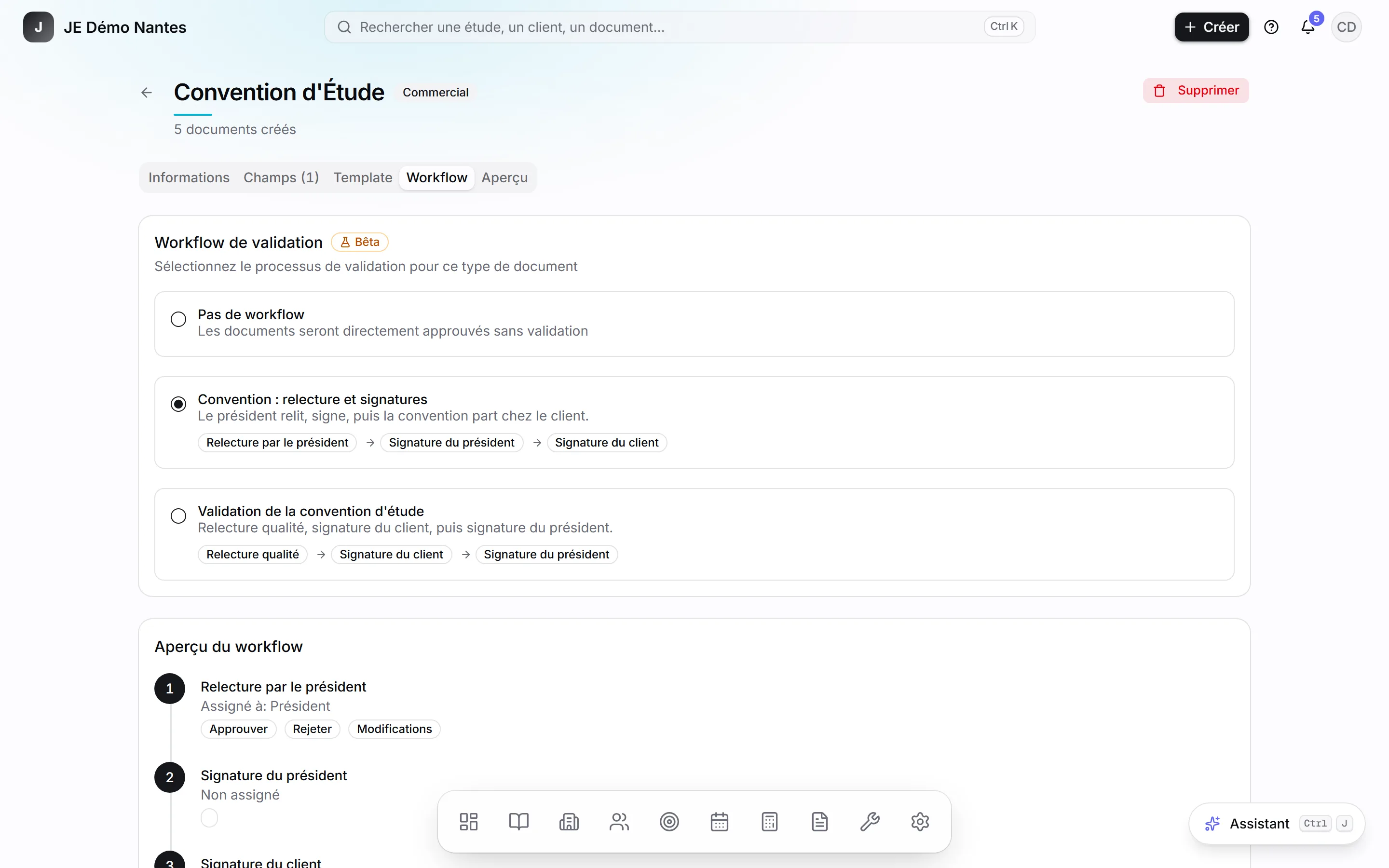 L'onglet Workflow d'un type de document.