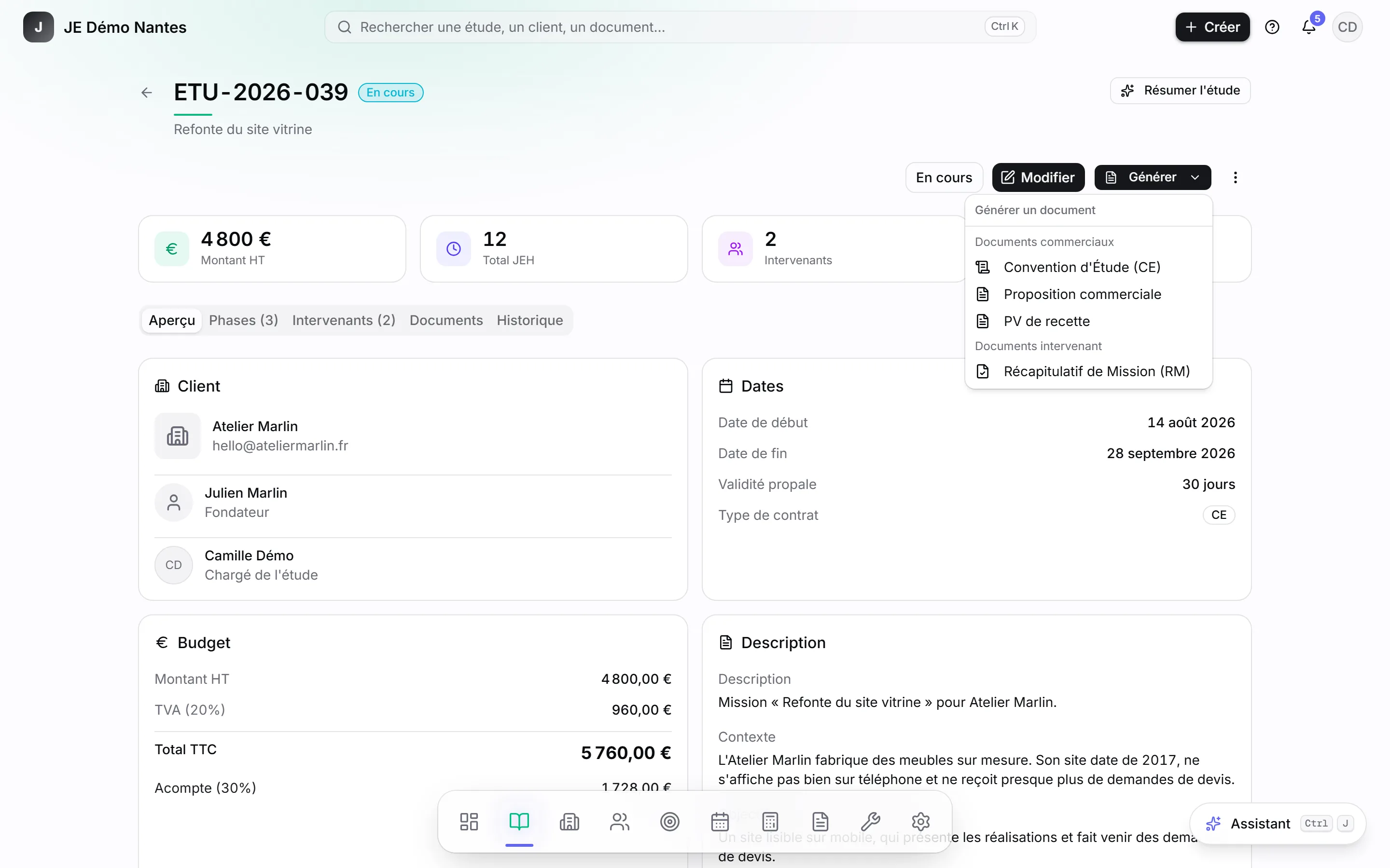 Le menu Générer de l’étude « Refonte du site vitrine ».