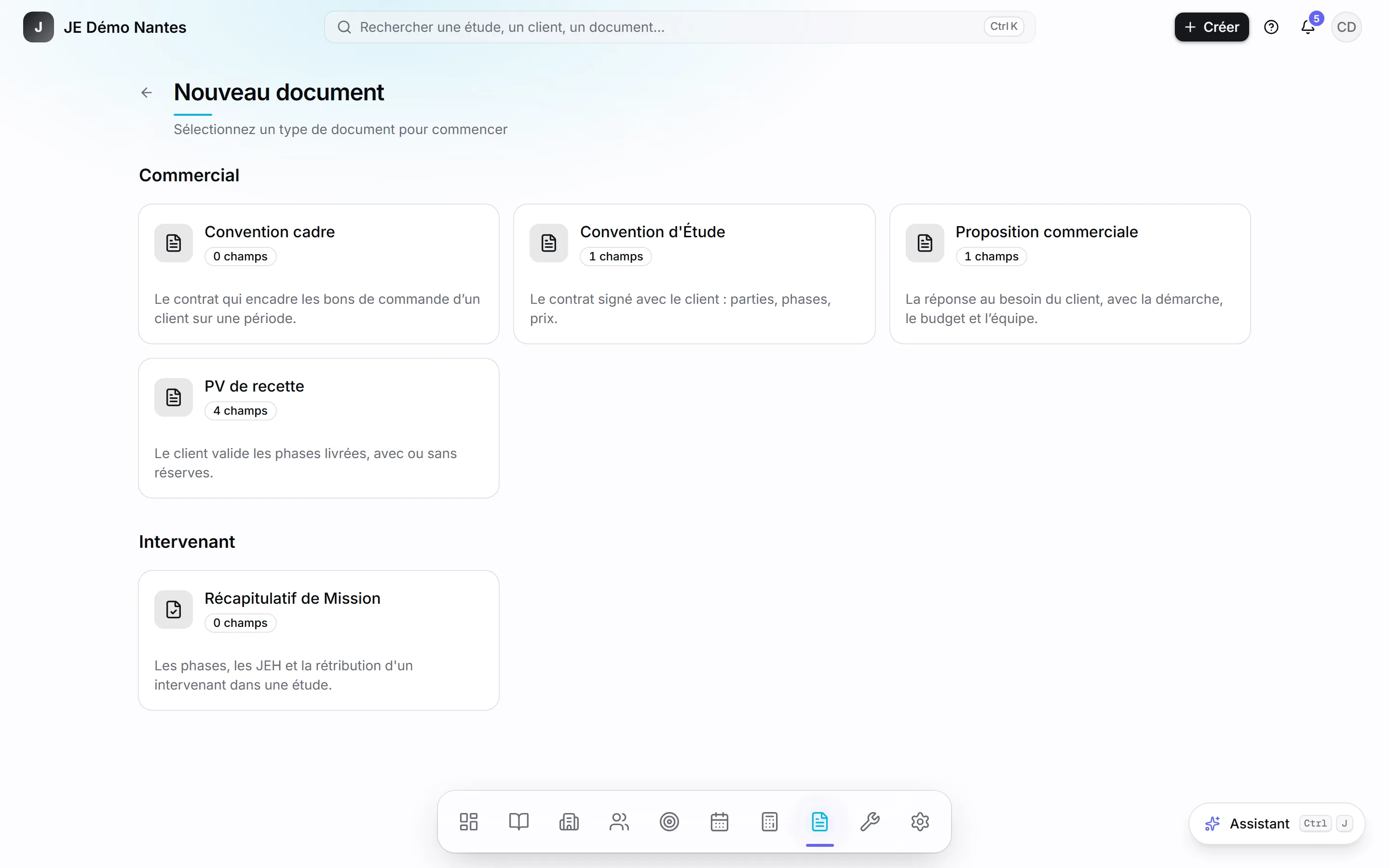 Nouveau document : les types actifs, rangés par catégorie.