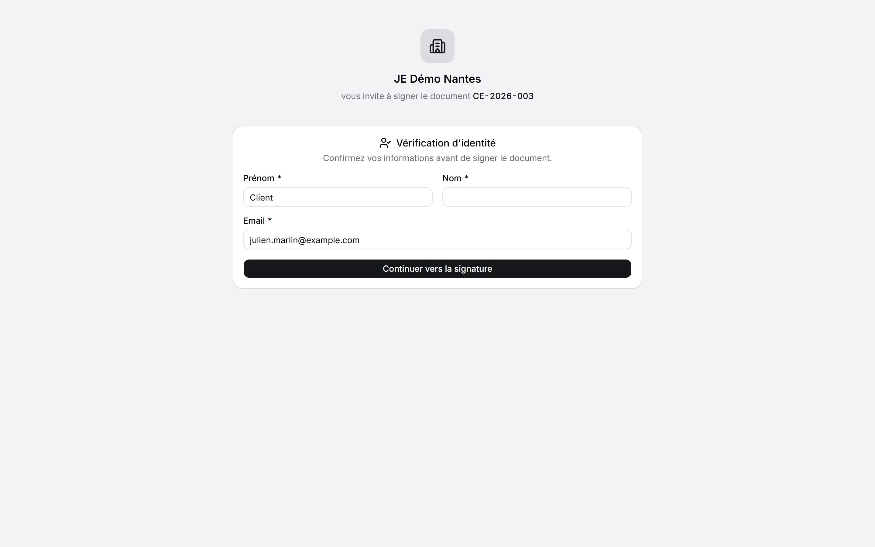 Première page du lien, pour un signataire externe.