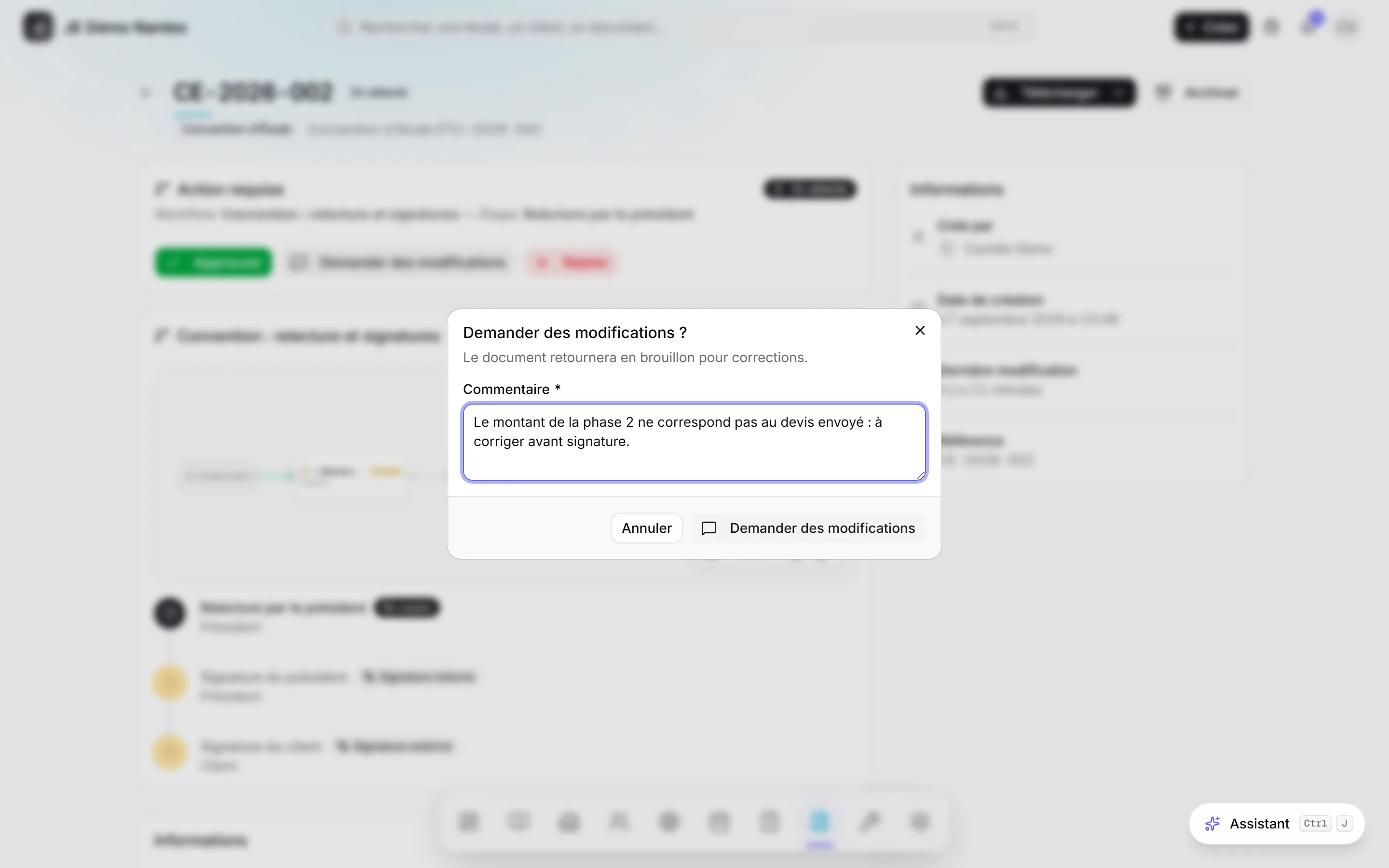 Demander des modifications, avec le motif.