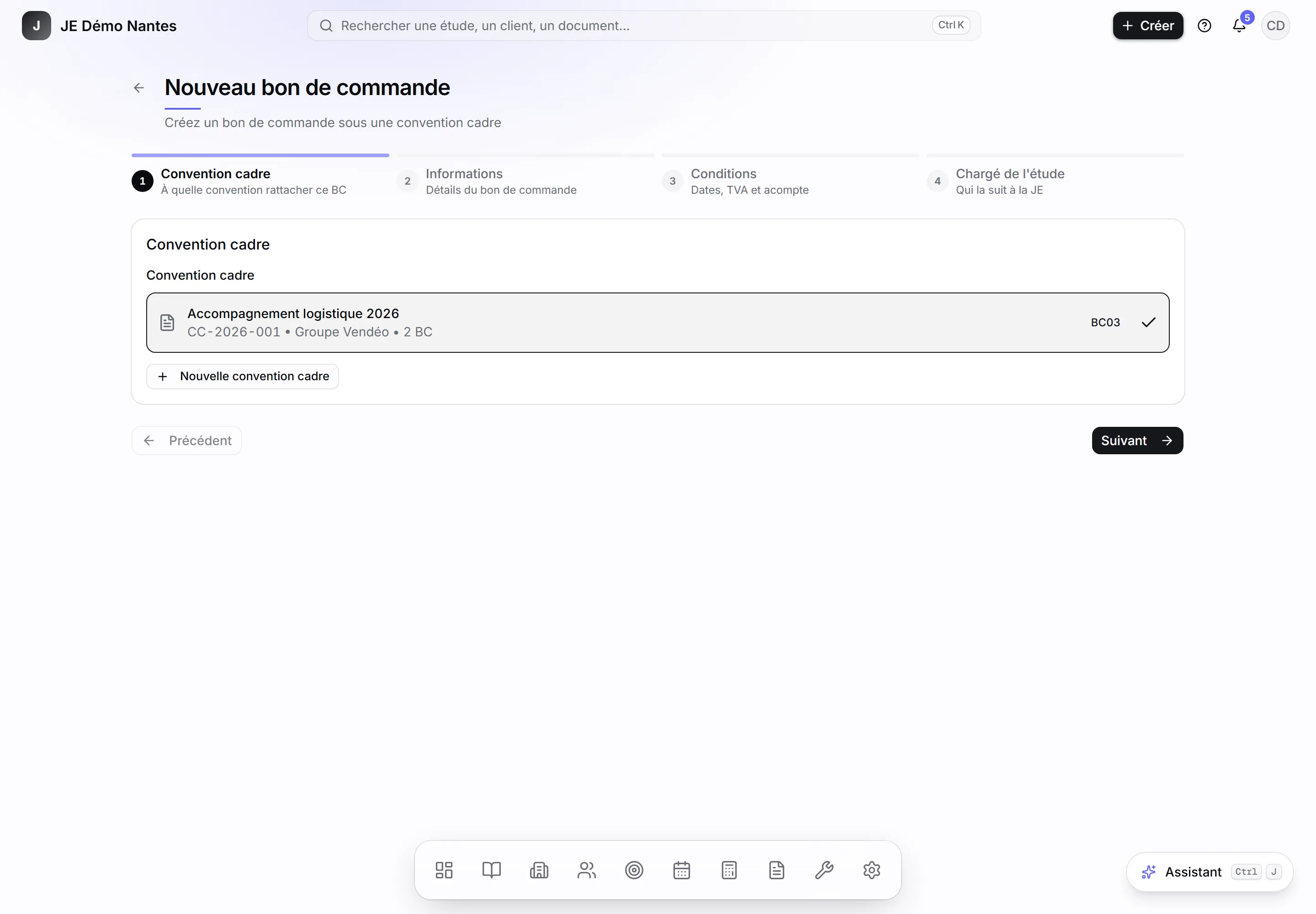 L'assistant « Nouveau bon de commande », étape 1.
