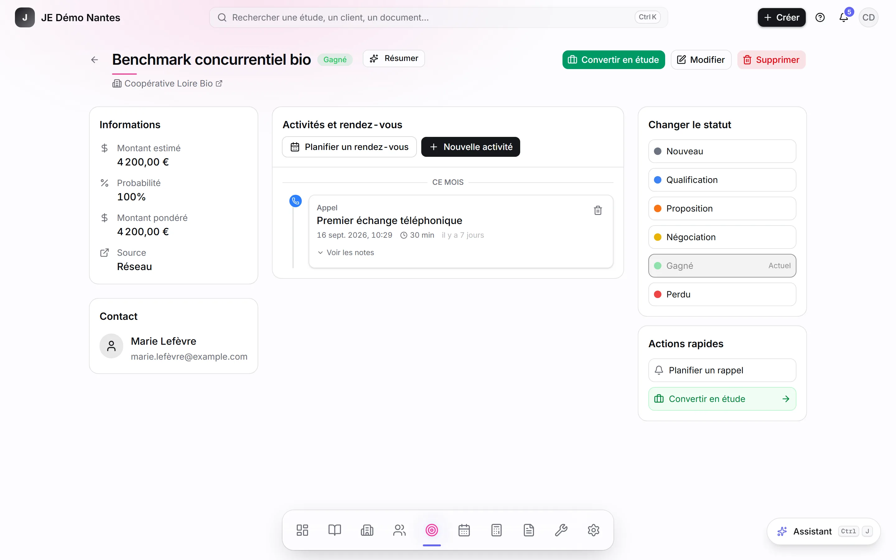 La fiche d'une opportunité au statut gagné.
