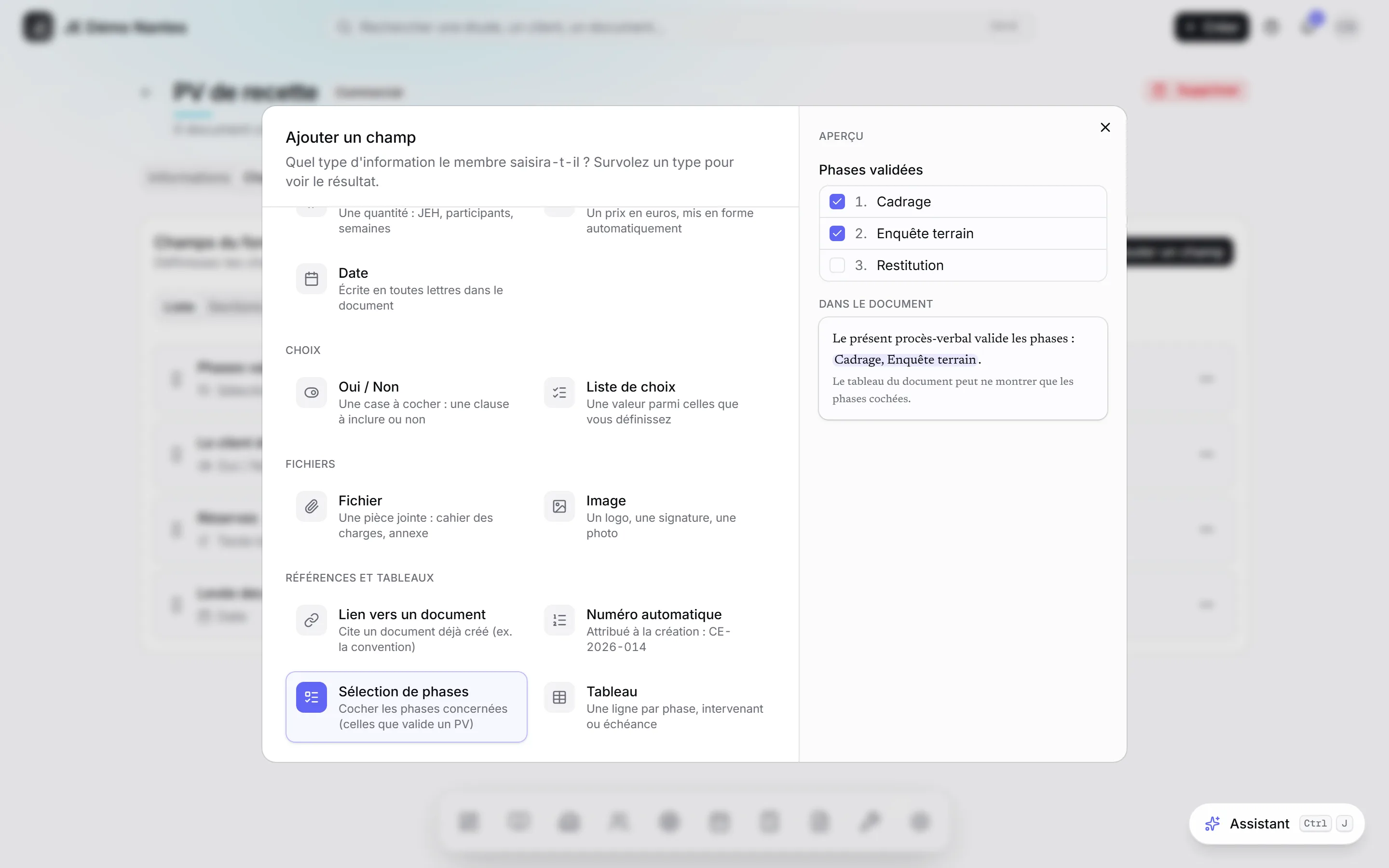 Le choix du type de champ. Survoler un type montre le formulaire et le document à droite.