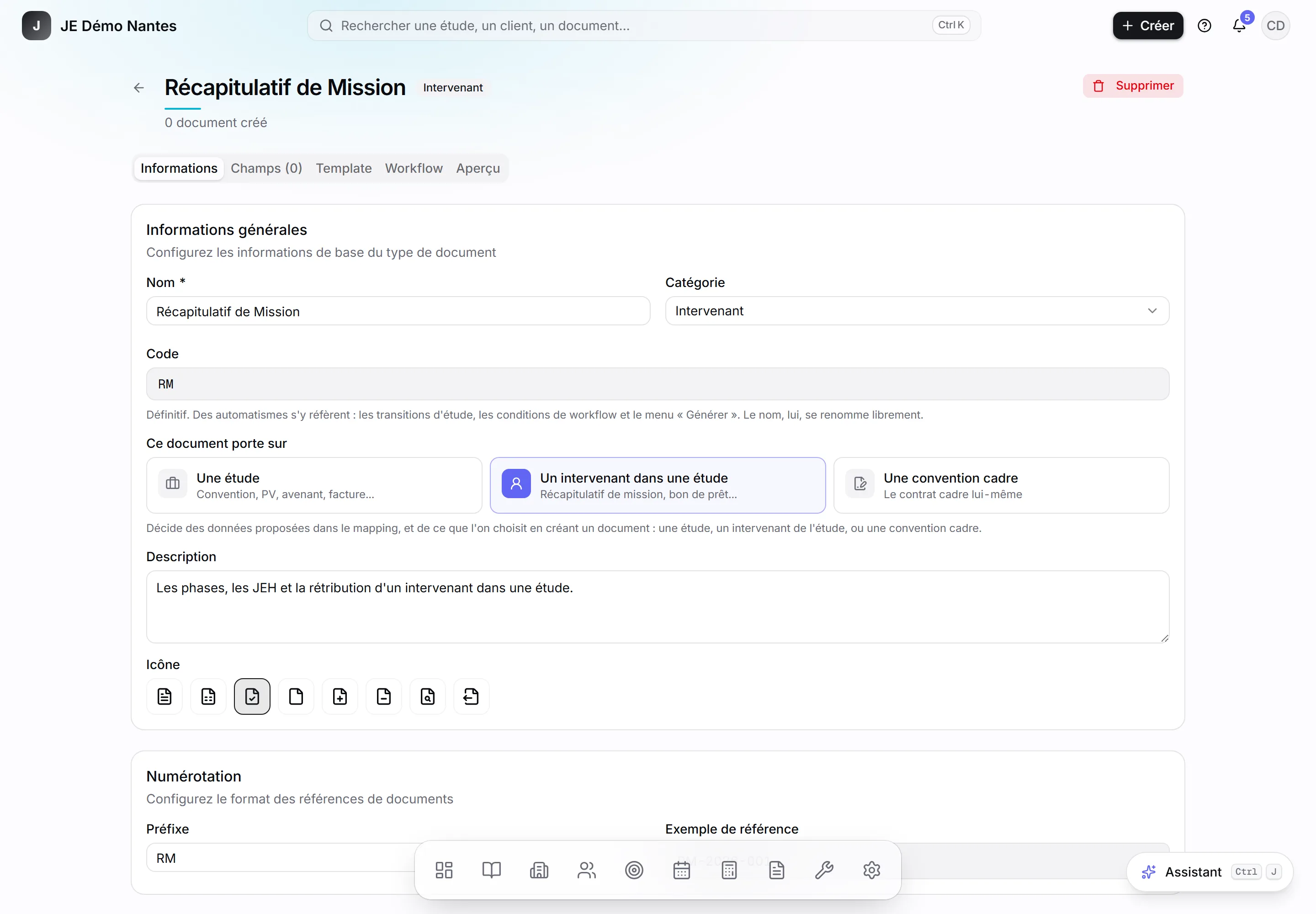 L’onglet Informations d’un type : ici, le récapitulatif de mission porte sur un intervenant.