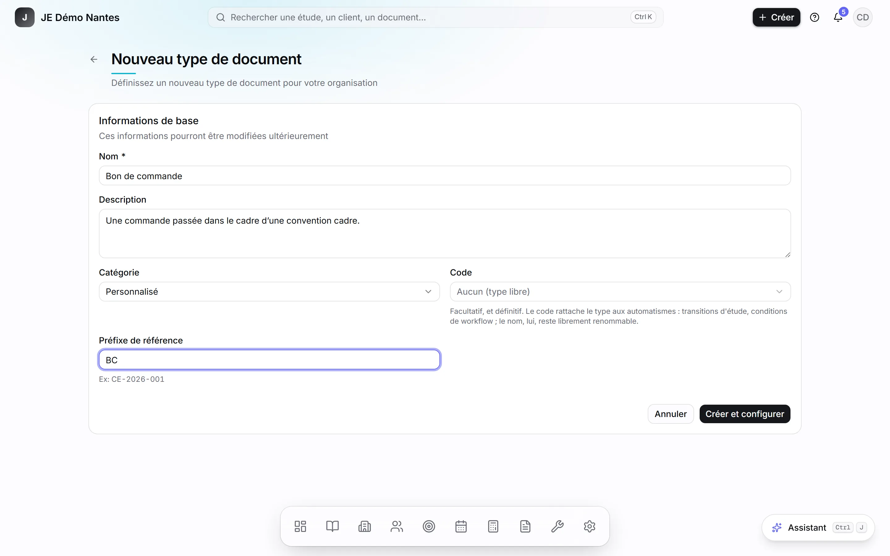 Paramètres, Types de documents, puis Nouveau type.
