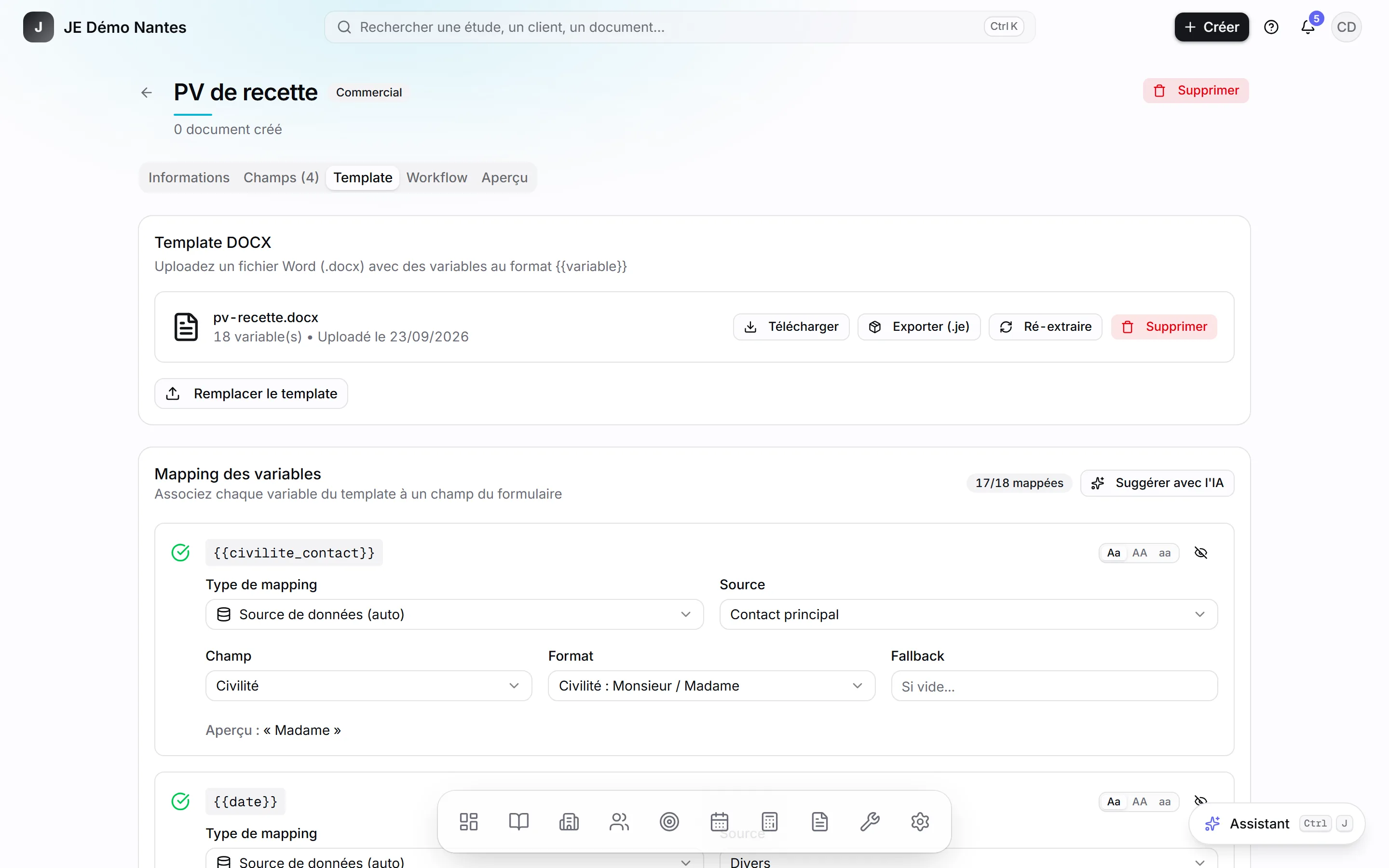 L’onglet Template d’un type, une fois le modèle déposé.