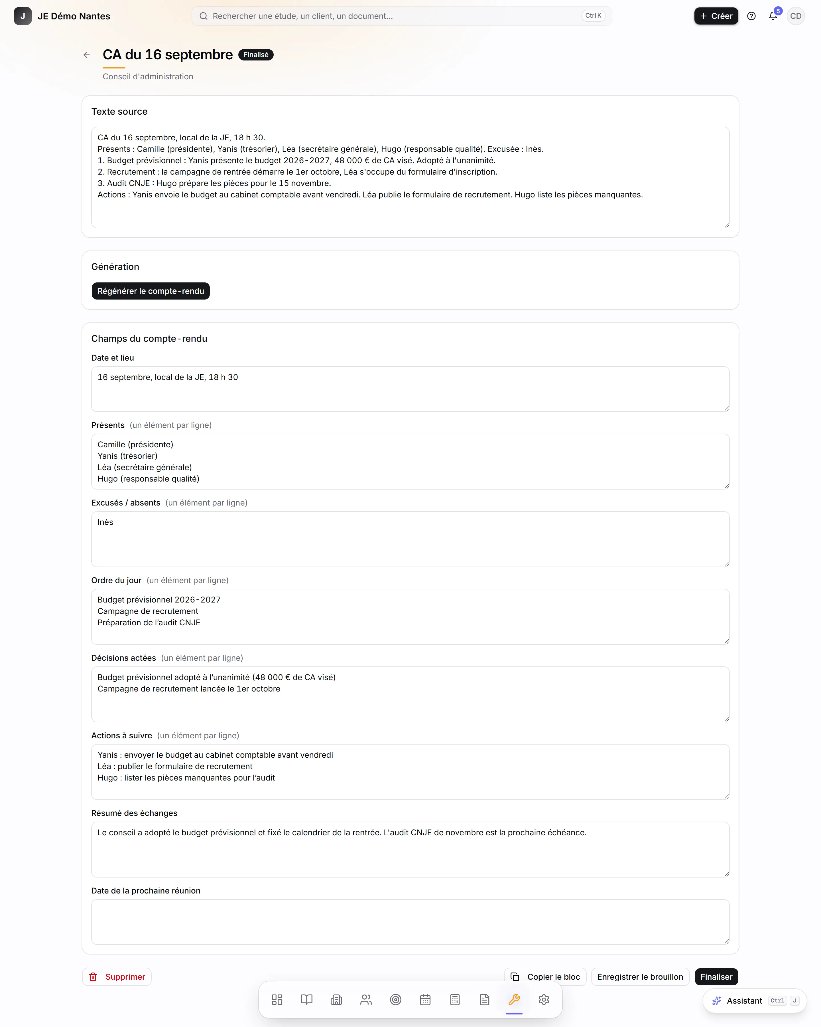 La fiche d'un compte-rendu de CA, rubriques remplies.