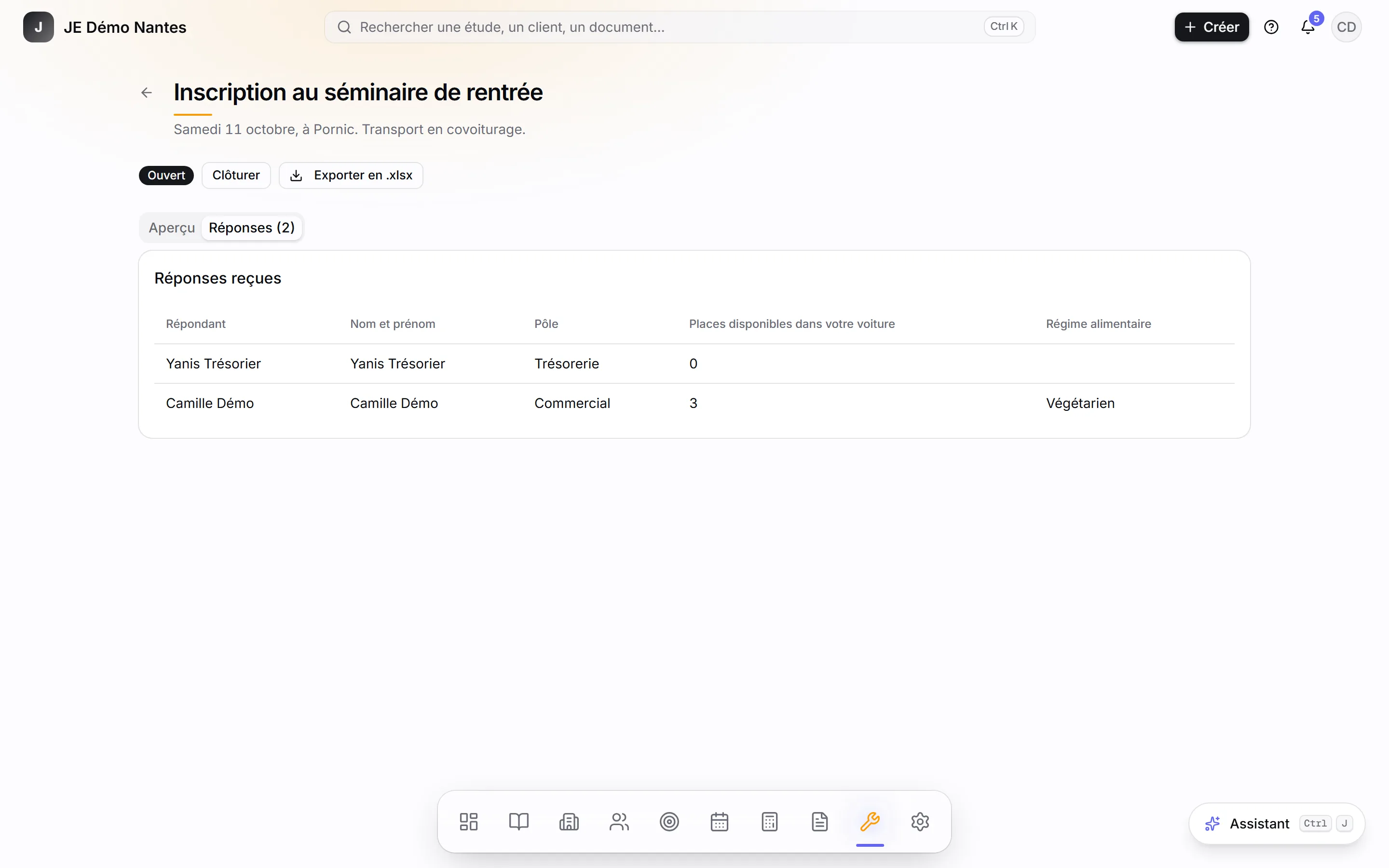 La fiche d’un formulaire ouvert, onglet des réponses.