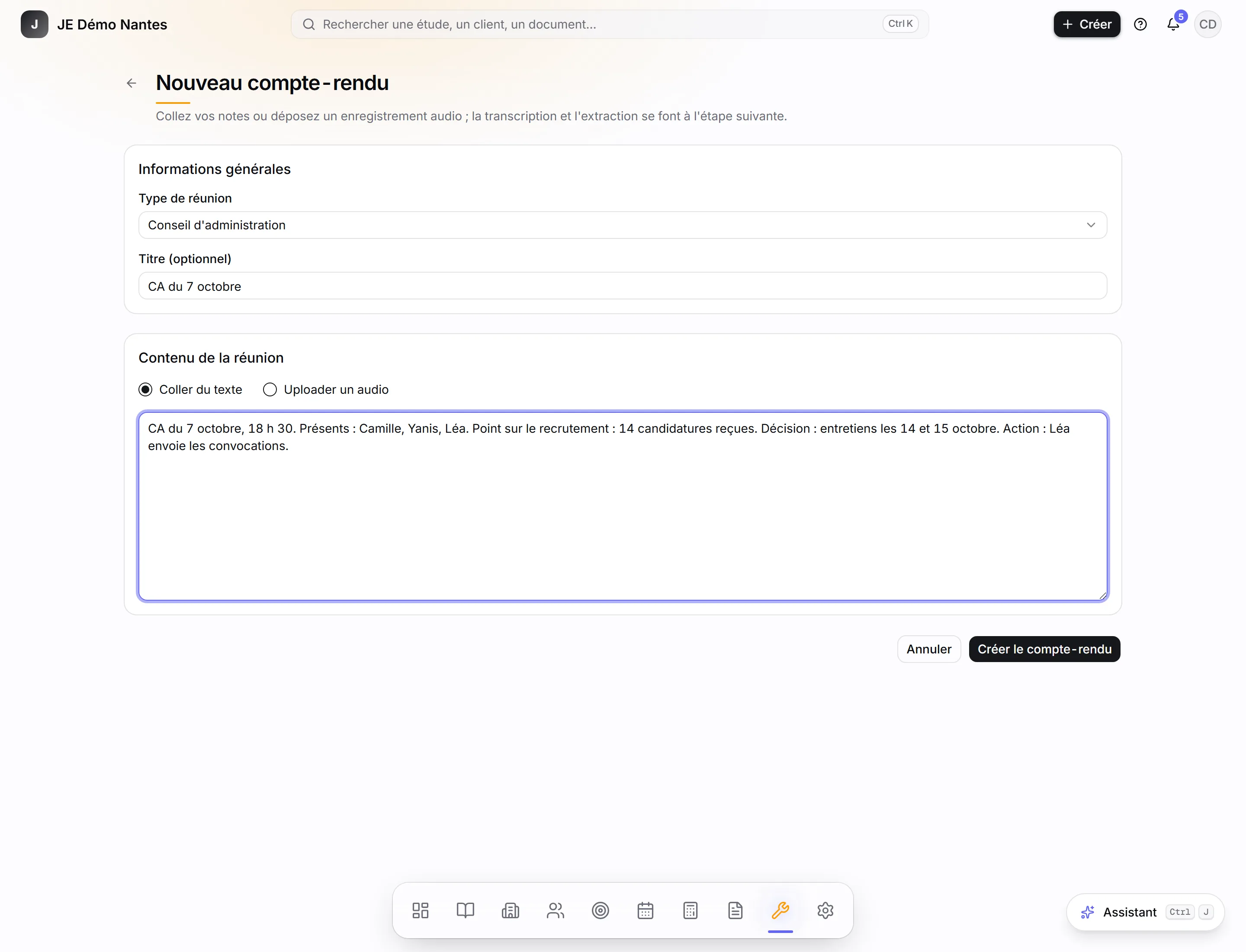 Le formulaire « Nouveau compte-rendu », notes collées.