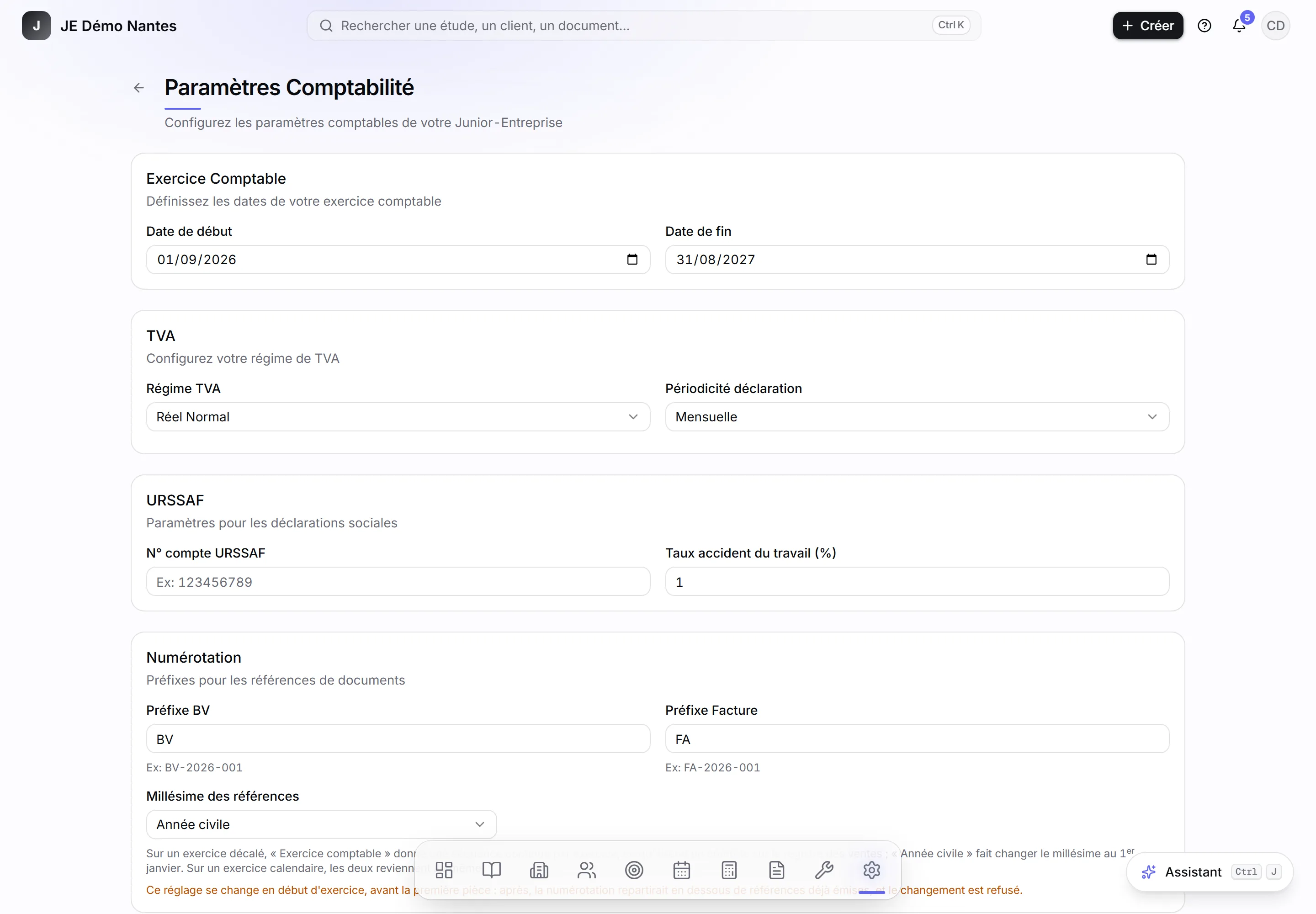 L’écran Paramètres Comptabilité.