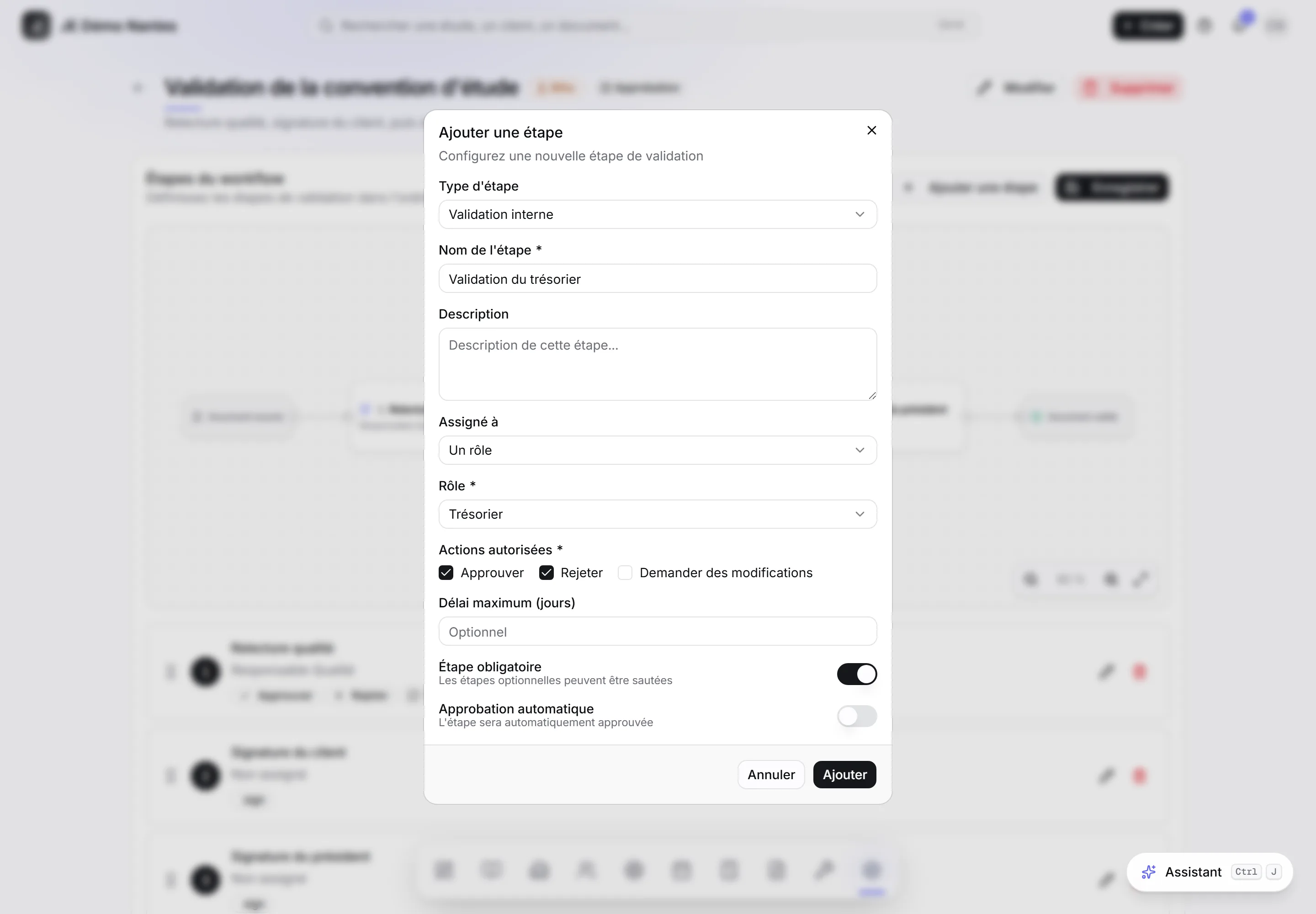 Une étape de validation confiée au rôle Trésorier.