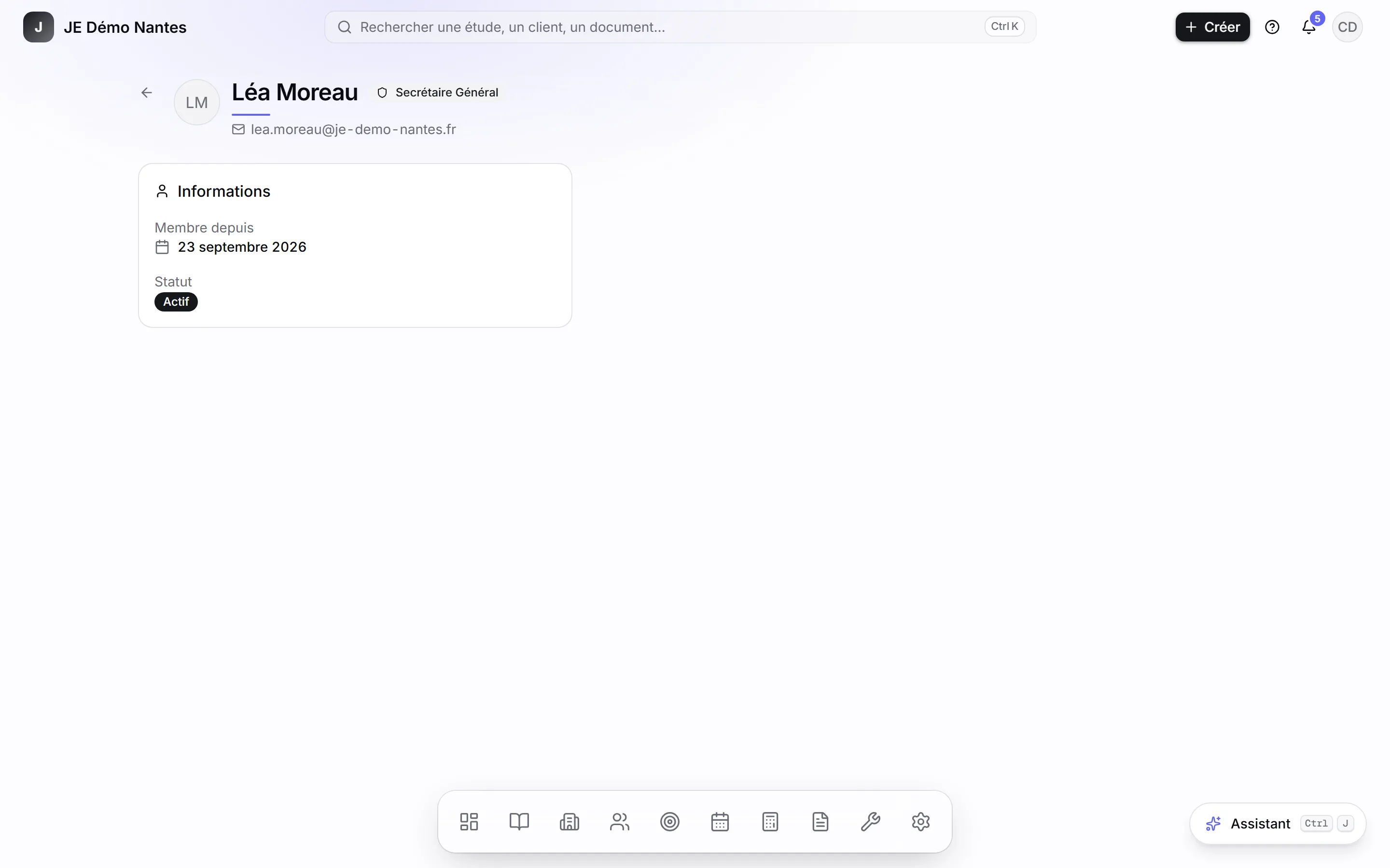 La fiche d’un membre, ouverte depuis l’écran Équipe.