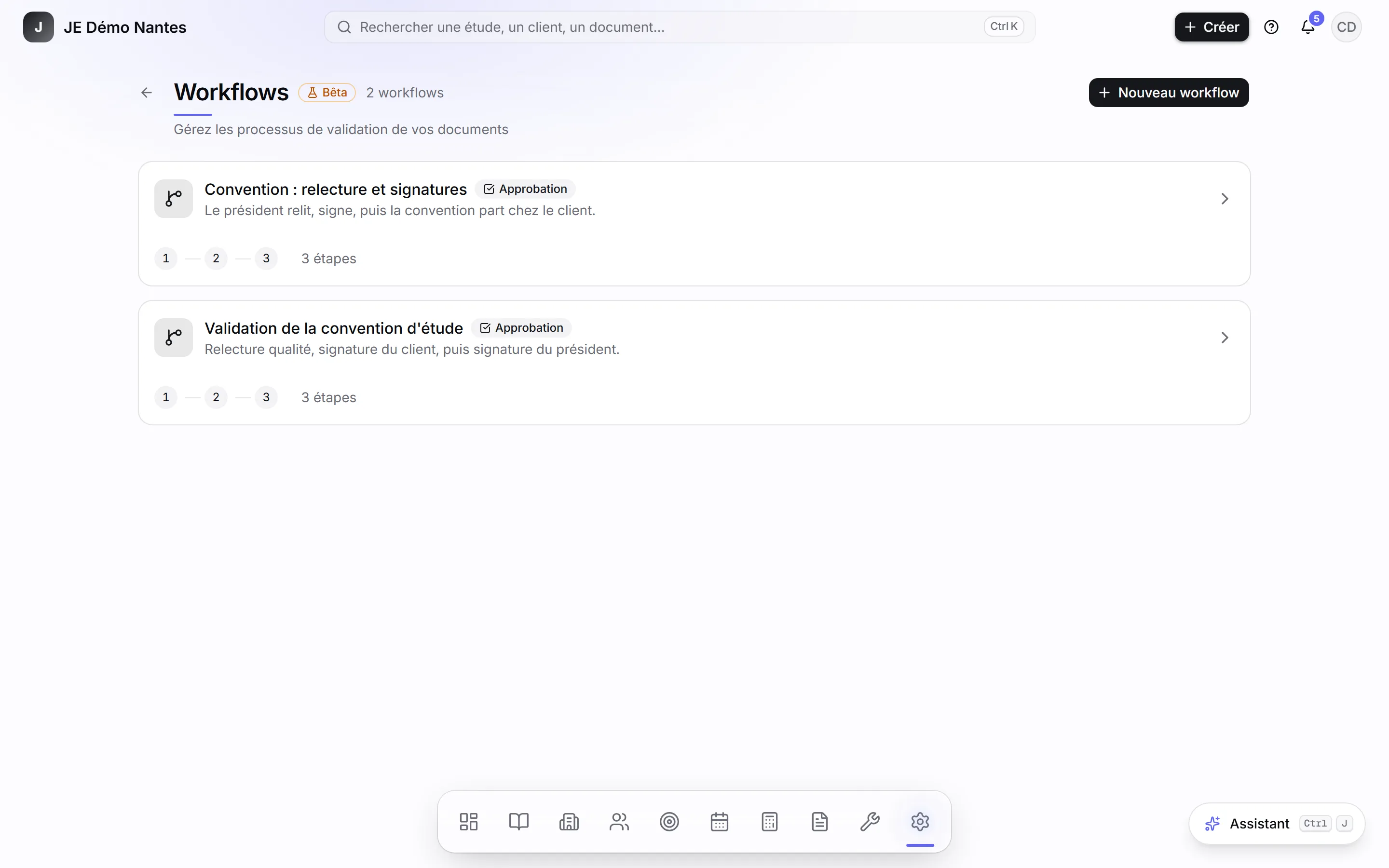 La liste des workflows de la JE.